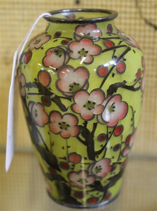 A Japanese plique a jour enamel baluster vase, c.1910-20, 9.5cm, hairline cracks